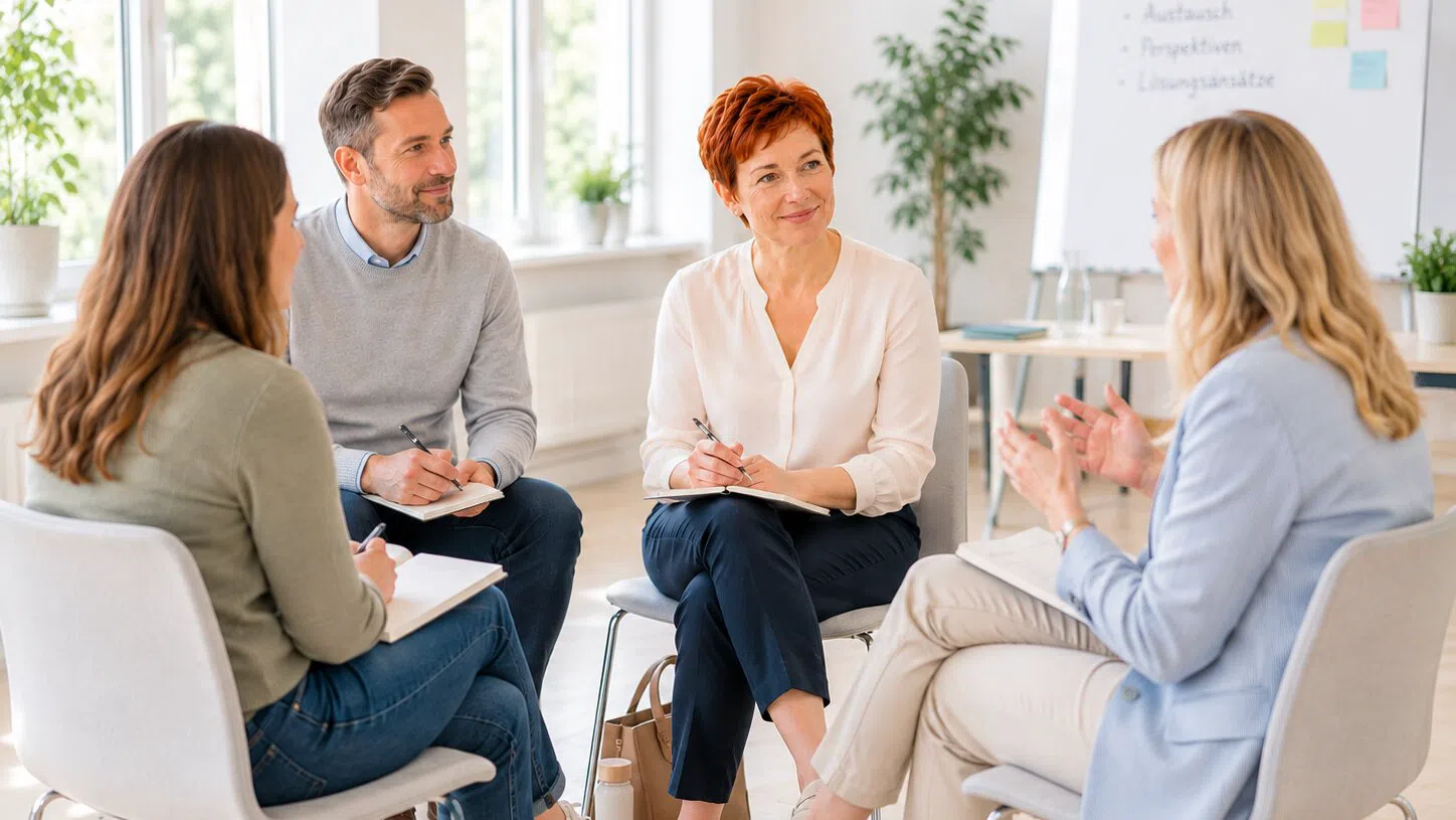 Vier Personen im Stuhlkreis bei einer Mediation