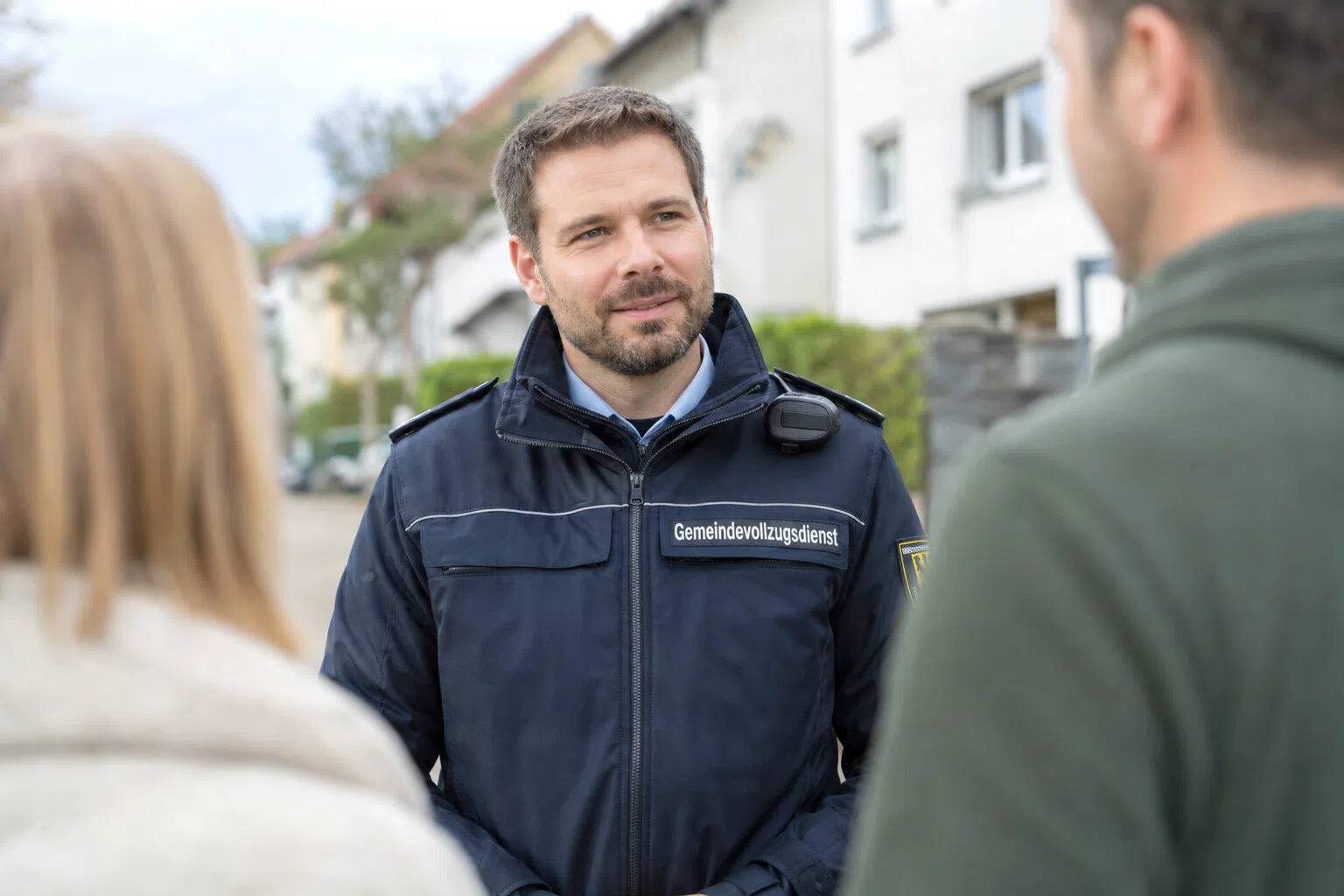 Ein Mitarbeiter des Gemeindevollzugsdienstes im Gespräch mit zwei Bürger*innen auf der Straße