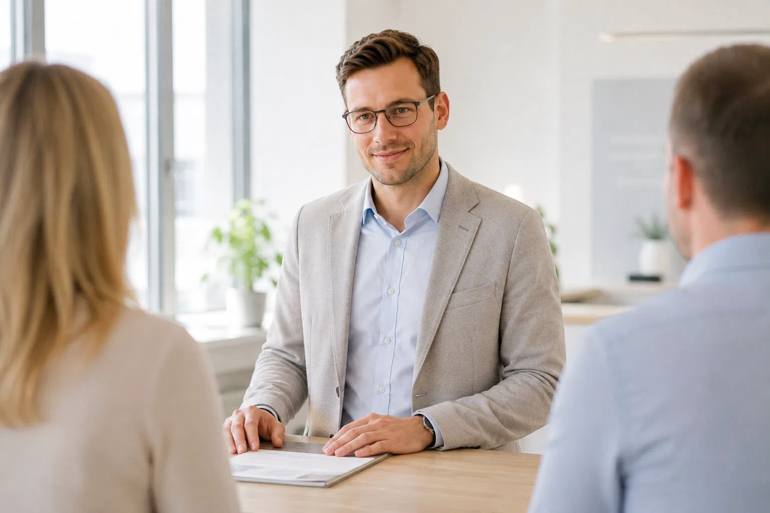 Ein Mitarbeiter mit Brille im Gespräch mit zwei Personen am Schreibtisch
