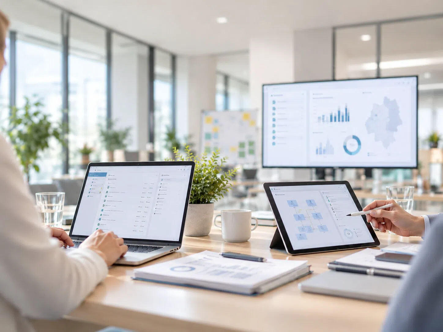 Zwei Personen arbeiten mit Laptop und Tablet an digitalen Auswertungen