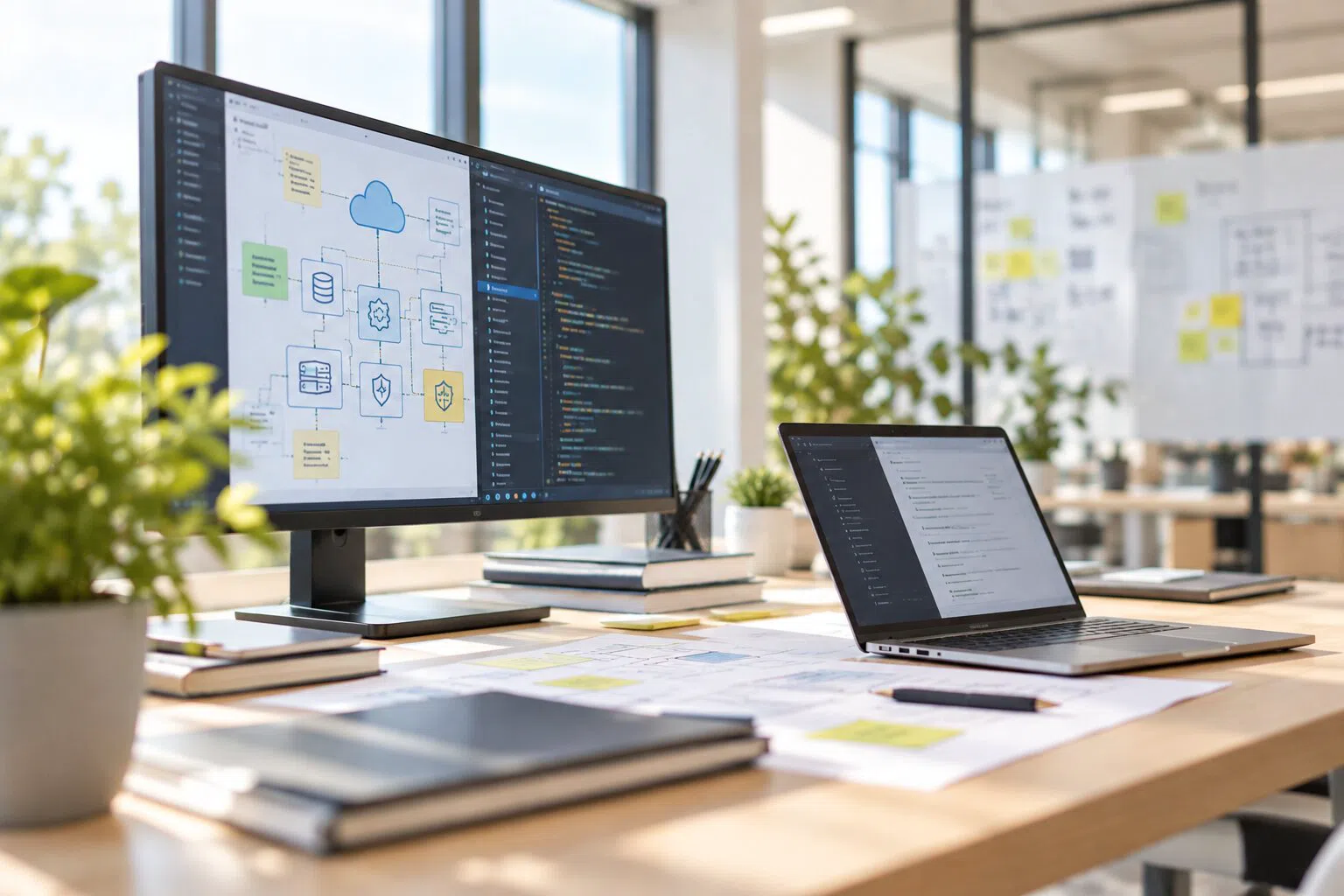 Bildschirm und Laptop mit Systemdiagrammen und Programmcode auf einem Schreibtisch