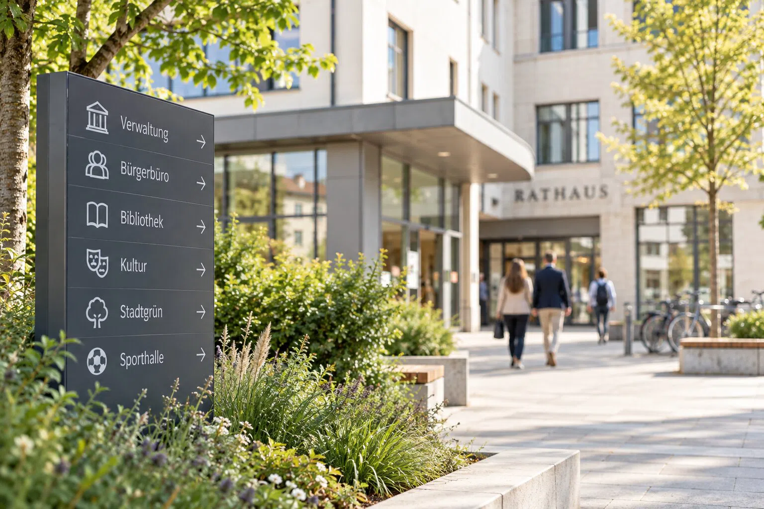 Ein Wegweiser zu Bürgerbüro, Bibliothek und Sporthalle vor einem Rathaus