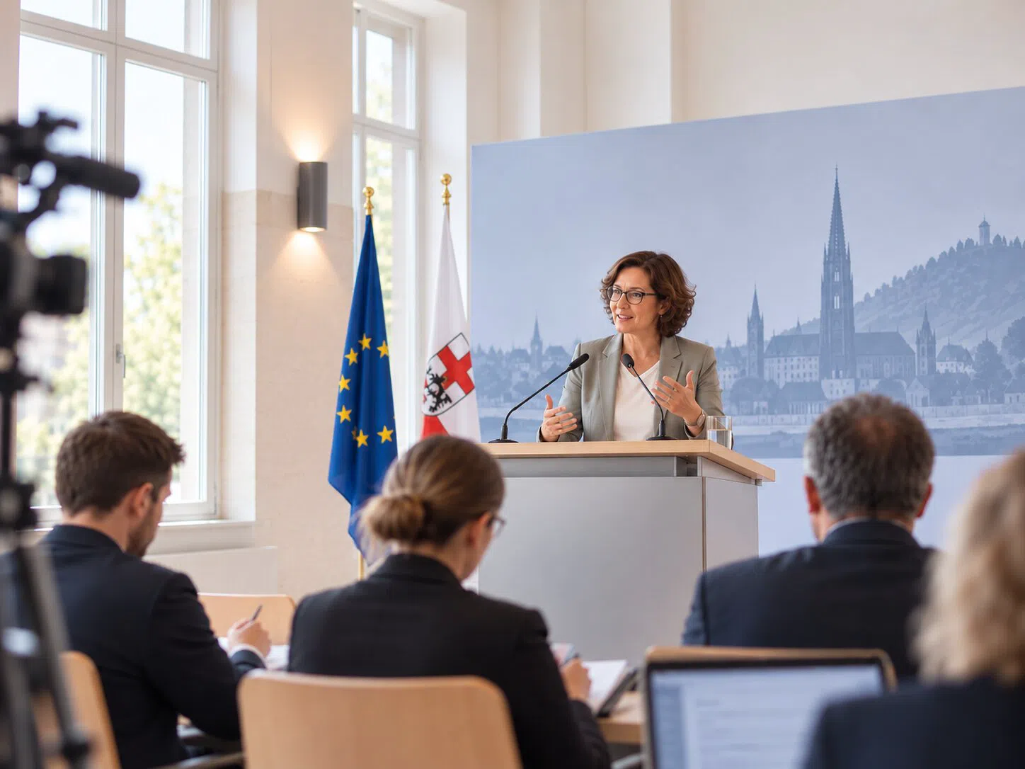Eine Pressesprecherin am Rednerpult vor Journalist*innen und Flaggen