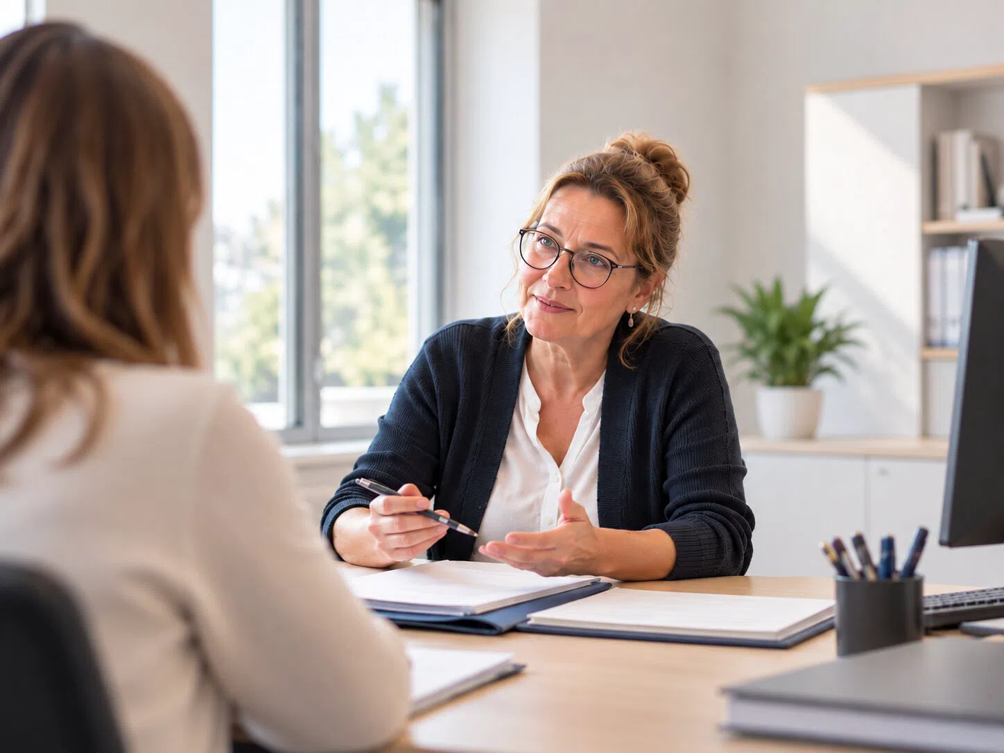 Eine Personalreferentin mit Brille im Gespräch an ihrem Schreibtisch
