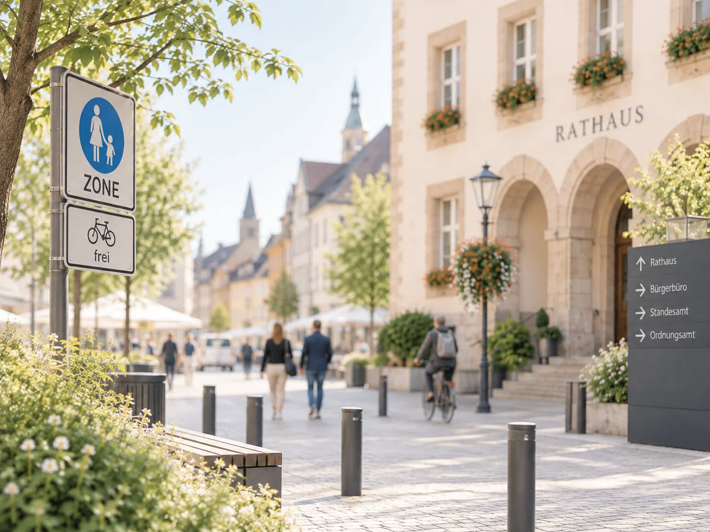 Ein Wegweiser zum Ordnungsamt und ein Verkehrsschild vor einem Rathaus